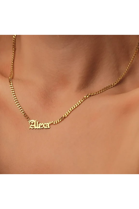 Personalized Old English 14K Yellow Gold Necklace For Women Custom Name Letter Pendant Cuba Chain Men Collar Vintage Jewelry