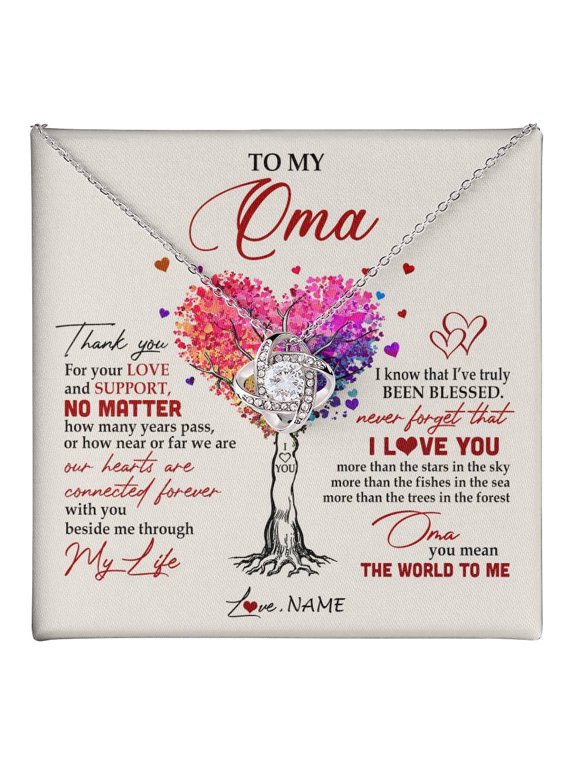 Personalized To My Oma Necklace From Grandkids Never Forget That I Love You You Mean The World Oma Birthday Mothers Day Christmas Customized Gift Box Message Card, White Love Knot Necklace