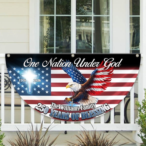 Personalized One Nation Under God 1776–2026 Semiquincentennial Non-Pleated Fan Flag, Personalized Patriot Semi Circle Flag