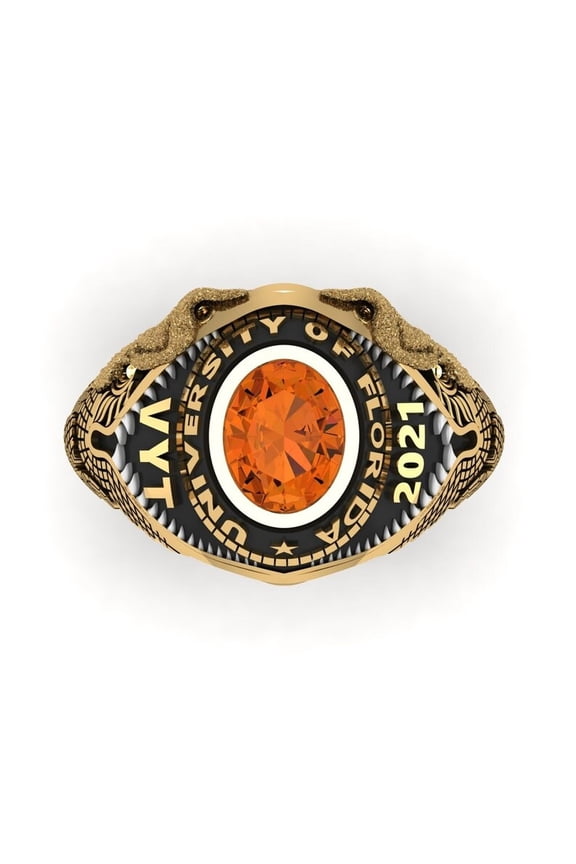 Personalized Orange Oval Cut Customized Name, Year Engraved Gator Ring For Men And Woman High School Class Ring 925 Sterling Silver