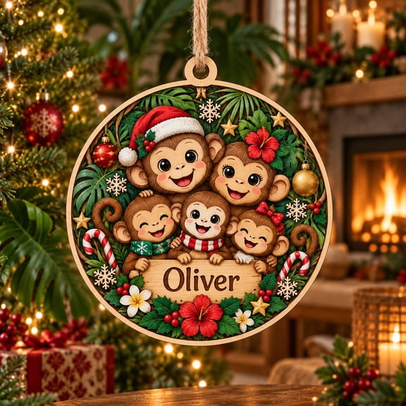 Personalized Ornament, Monkey Family Christmas Design, Wooden Tree Hanging, Custom Holiday Gift