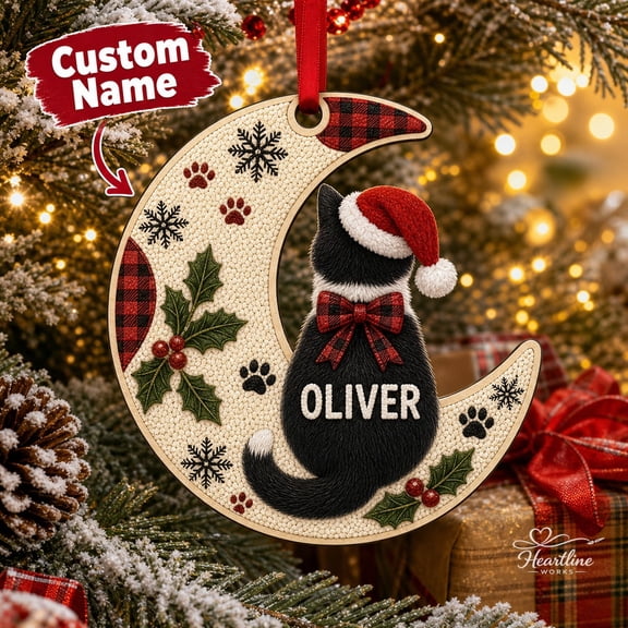 Personalized Ornament Tuxedo Cat with Santa Hat Wooden Tree Hanging for Cat Lovers