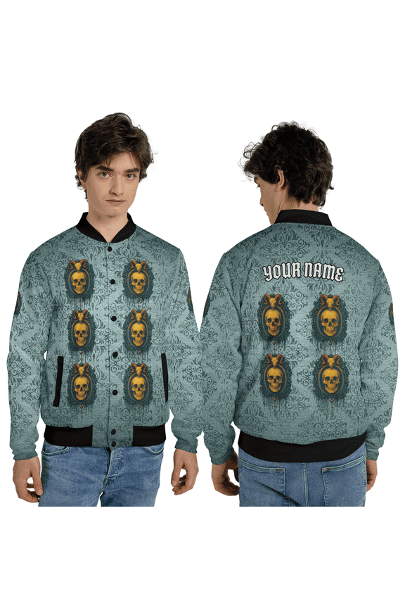 Personalized Ornate Skull Baseball Jacket – Custom Name Gothic Skull Art Jacket, Dark Aesthetic Streetwear Outerwear