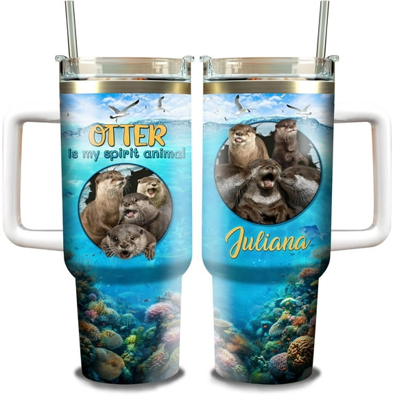 Personalized Otter Tumbler 40oz with Handle and Straw Custom Name Animal Stainless Steel Insulated Tumblers Travel Mug Cup Gift Birthday Christmas Presents For Otters Lovers Women Men