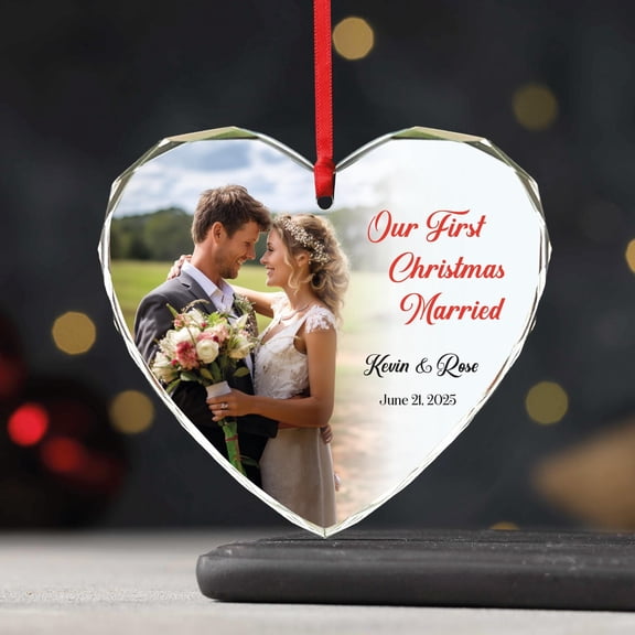 Personalized Our First Christmas Married Photo Ornament - Christmas Wedding Couple Portrait Heart Glass Ornament