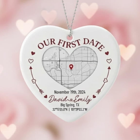 Personalized Our First Date Custom Map Ceramic Ornament Flat 2D Printed Round Valentine Anniversary Gift
