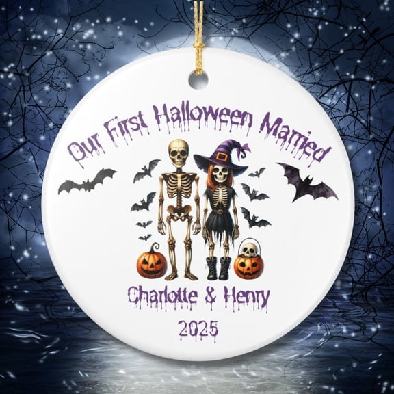 Personalized Our First Halloween Married Ceramic Ornament, Custom 1st Halloween Wedding Keepsake, Spooky Couple Gift, First Married Bauble