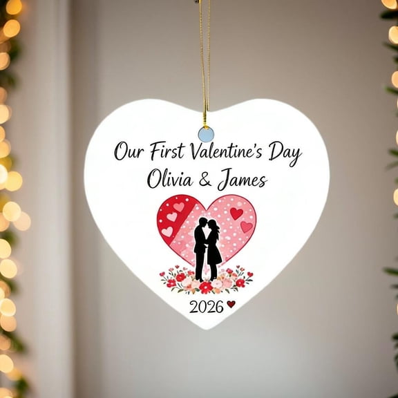 Personalized Our First Valentines Day Heart Ceramic Ornament Flat 2D Printed Round Keepsake Gift For Girlfriend