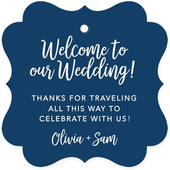 Personalized Out of Town Bags Fancy Frame Gift Tags, Welcome to Our Wedding Thanks for Traveling to Celebrate with Us, Navy Blue, 24-Pack