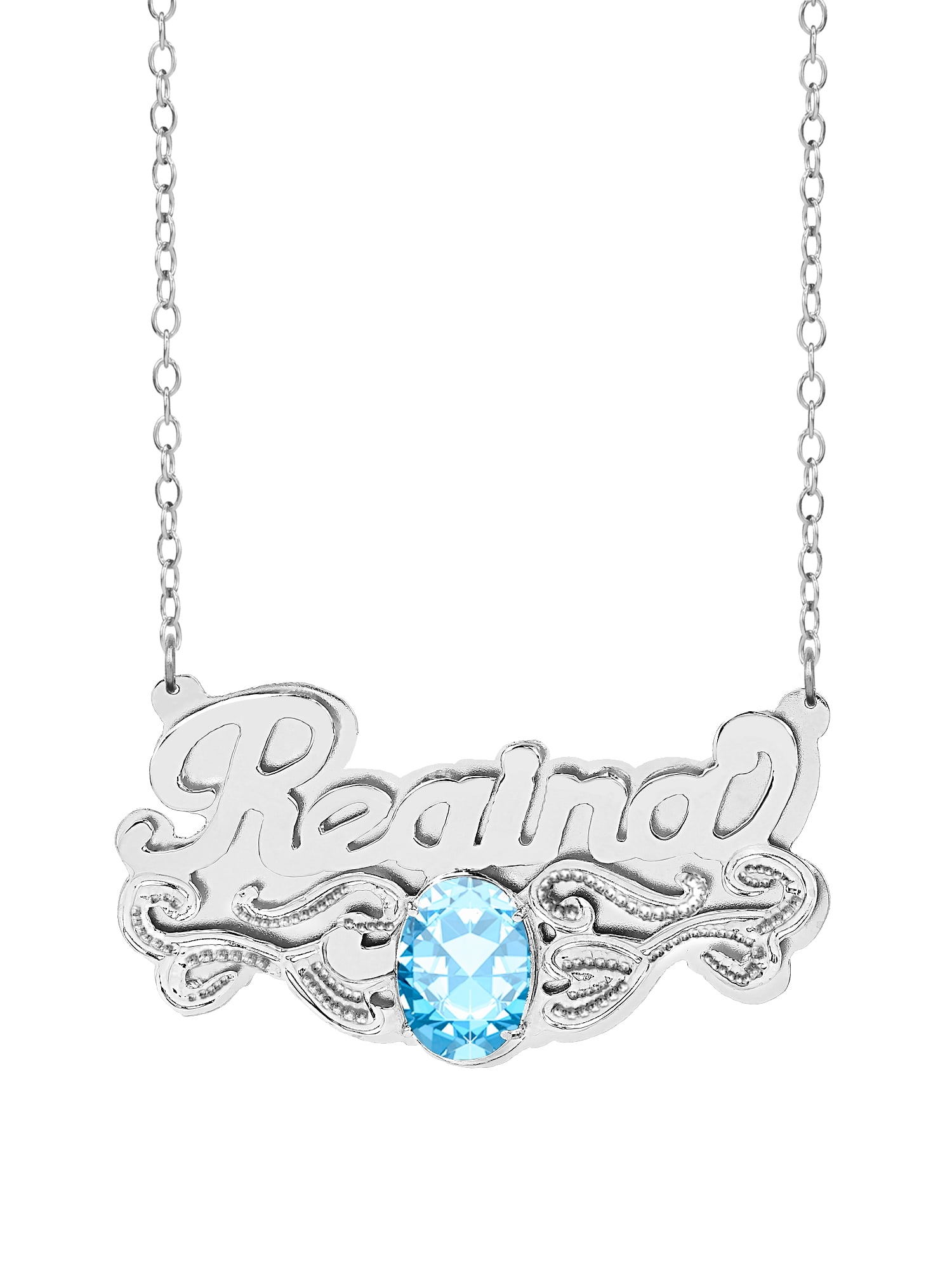 Personalized Oval-Shaped Birthstone Name Necklace with Beading and Rhodium on Tail