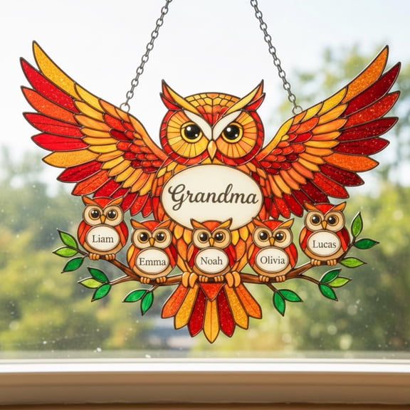 Personalized Owl Family Suncatcher Acrylic Custom Names Window Hanging Grandma Gift