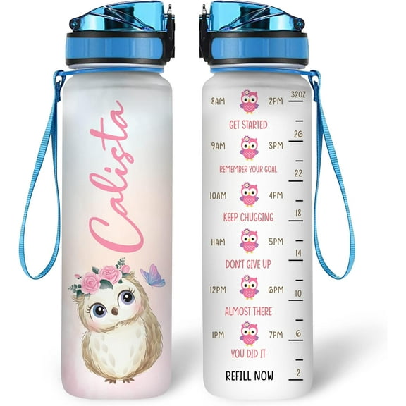 Personalized Owl Lovers 32 Oz 1Liter Motivational Water Bottle, Owl Customized Name Water Bottle With Time Marker, Animal Lovers Gifts For Women Girl On Birthday, Mother Day's