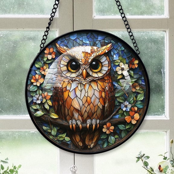 Personalized Owl Mandala Suncatcher Stained Glass Suncatchers, Owl Mandala Ornament for Sun Catcher Indoor Window, Owl Mandala Painted Glass Panel Décor Ft18D5