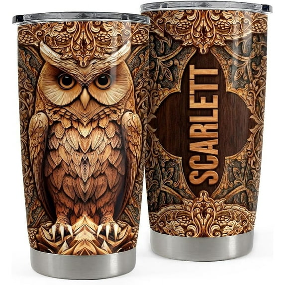 Personalized Owl Wood Drawing Tumbler 20oz 30oz Insulated Tumblers with Lid Coffee Travel Mug Cup for Men Women Owl Gifts for Birthday