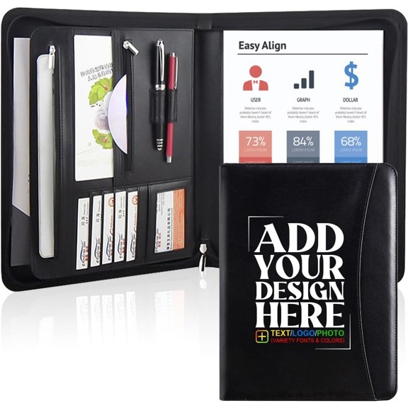 Personalized Padfolio with Zipper - Customized Leather Portfolio with Personalized Logo and Text for Resumes, Interviews, and Professional Business Use, Black
