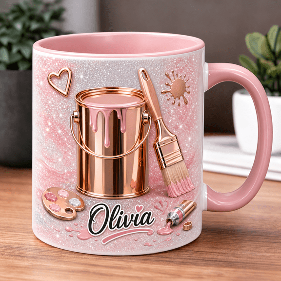 Personalized Painter Coffee Mug, Pink Ceramic Mug with Paint Brush & Paint Can Design