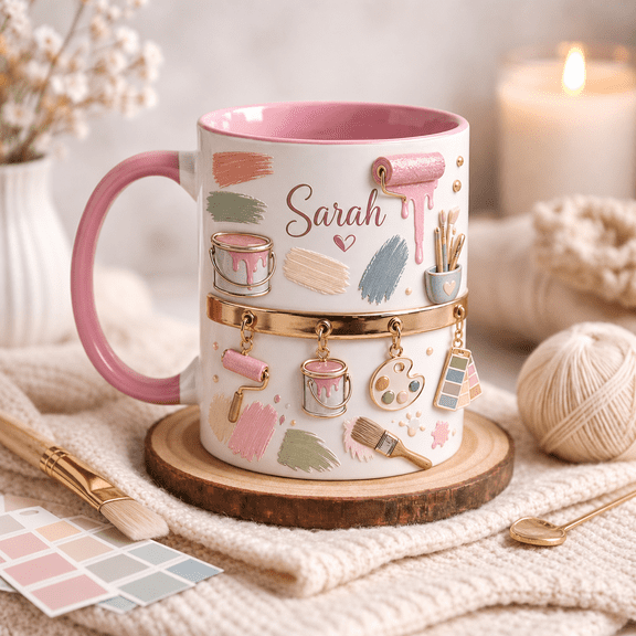 Personalized Painter Mug, Pink Custom Name Coffee Cup with Paint Roller & Paint Can