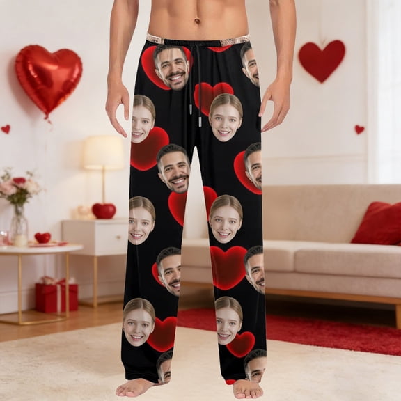 Personalized Pajama Pants With Photo For Men Women Custom Face Pj Bottoms Socks For Couple Family Black L