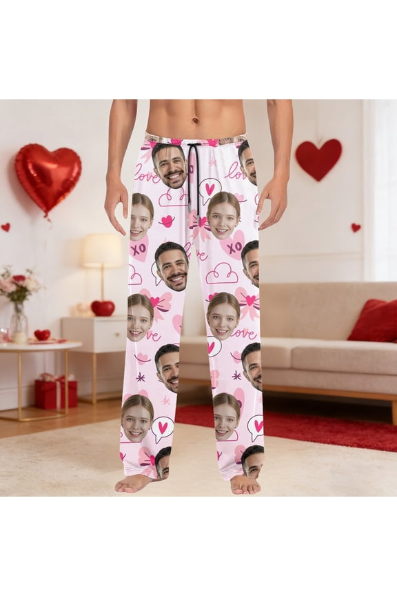 Personalized Pajamas Pants For Men Pjs Pants With Facial Photos Birthday Valentine's Day Gift For Men Pink XXXL