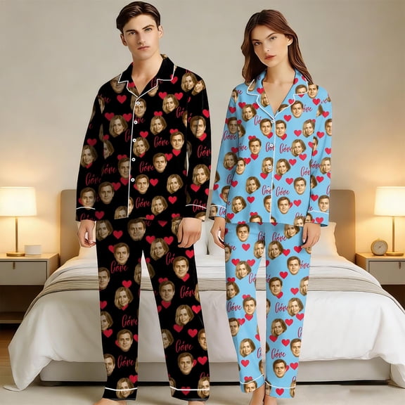 Personalized Pajamas with Faces for Men Women Custom Funny Pajama Set (Sky Blue S)