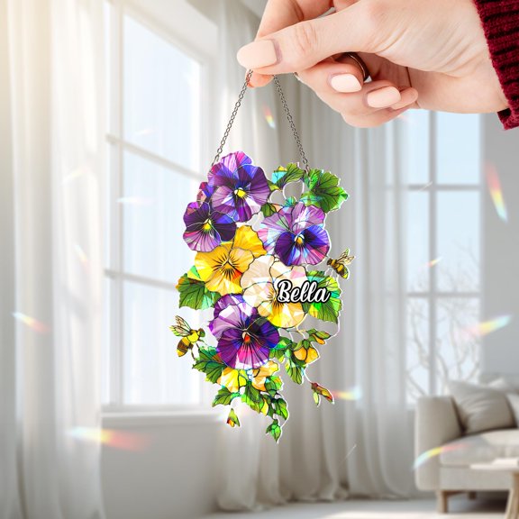 Personalized Pansy Flower Acrylic Suncatcher, Custom Name Holographic Window Hanging Decor, Garden and Nature Lover Gift