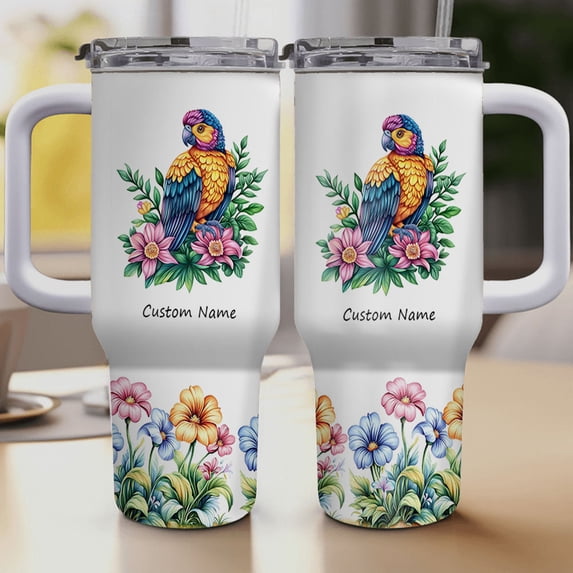 Personalized Parrot Lover Gift Tumbler 40oz – Custom Stainless Steel Coffee Travel Cup with Lid, Straw and Handle – Cute Animal Present for Women Girls Birthday Christmas