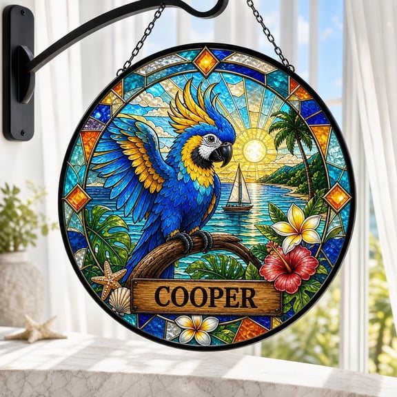 Personalized Parrot Suncatcher Blue Macaw Stained Glass Window Hanging Bird Lover Gift
