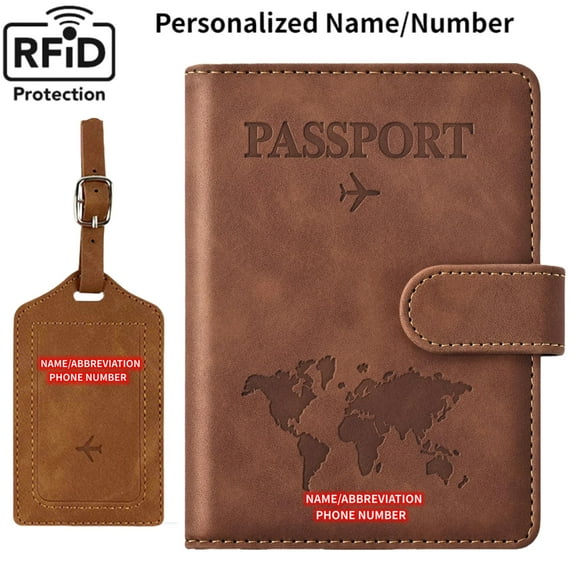 Personalized Passport Holder, Anti-lost Passport Wallet Cover Case with Luggage Card for Travel Must Haves Accessories,Passport Book Holders for Women and Men, Brown