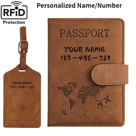 Personalized Passport Holder, Anti-lost Passport Wallet Cover Case with Luggage Card for Travel Must Haves Accessories,Passport Book Holders for Women and Men, Brown