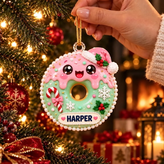 Personalized Pastel Donut Pink Mint Christmas Acrylic Ornament