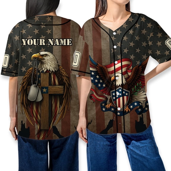 Personalized Patriotic American Eagle Baseball Jersey Shirt – Custom Name USA Flag Military Cross Christian Veteran Shirt for Men Women