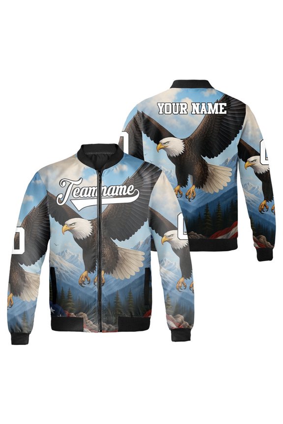 Personalized Patriotic Bald Eagle Bomber Jacket – Custom Team Name & Number, American Flag Nature Print Outerwear