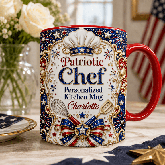 Personalized Patriotic Chef 3D Effect Mug, Custom Name Red White Blue Kitchen Gift