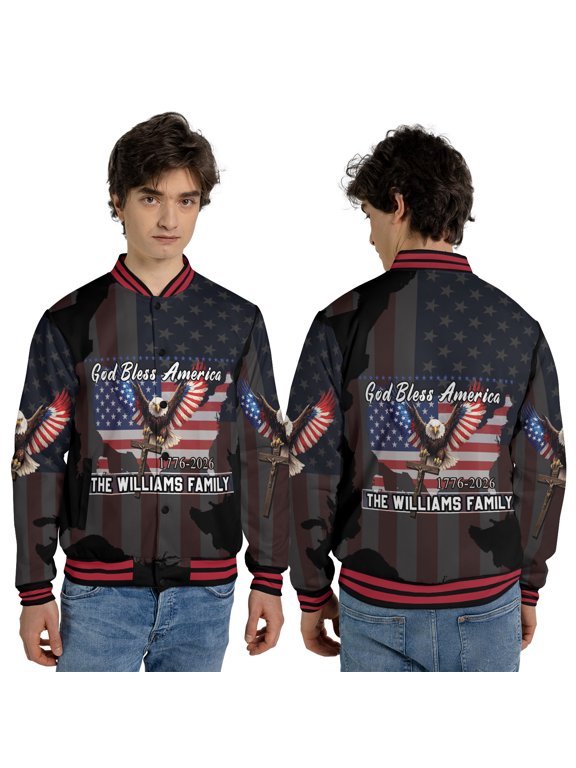 Personalized Patriotic Eagle Semiquincentennial Jacket, God Bless America USA Flag Outerwear, Custom Family Name American Map 4th of July Jacket