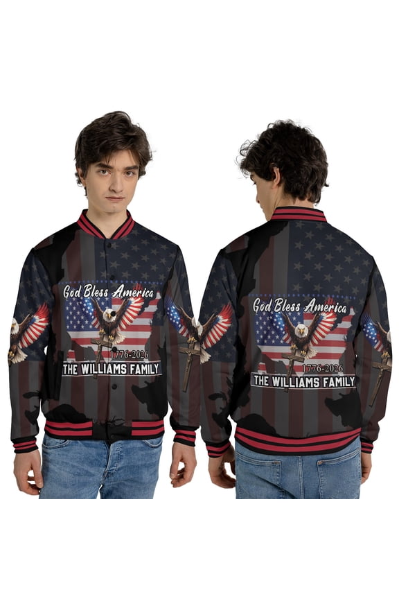 Personalized Patriotic Eagle Semiquincentennial Jacket, God Bless America USA Flag Outerwear, Custom Family Name American Map 4th of July Jacket