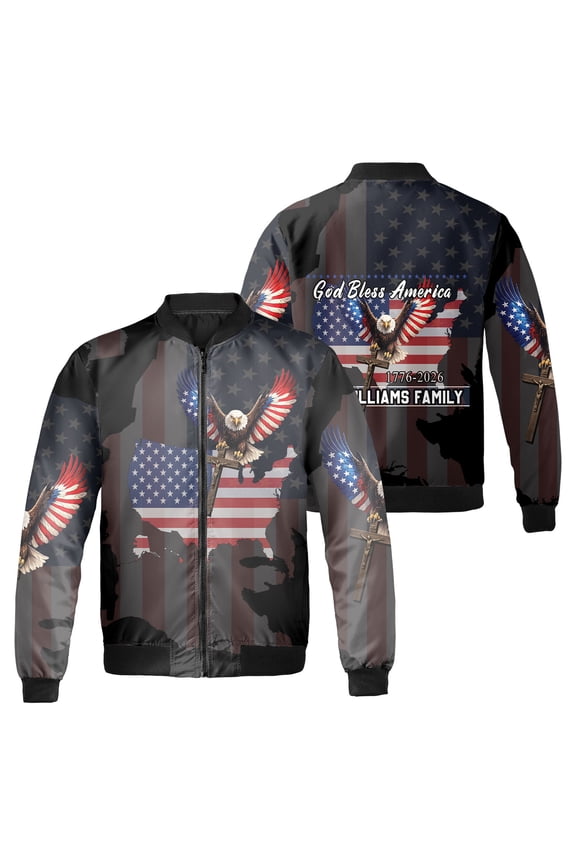 Personalized Patriotic Eagle Semiquincentennial Jacket, God Bless America USA Flag Outerwear, Custom Family Name American Map 4th of July Jacket