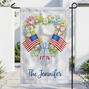 Personalized Patriotic Garden Flag, Floral Wreath Custom Family Name Sign, Double Sided Outdoor Decor