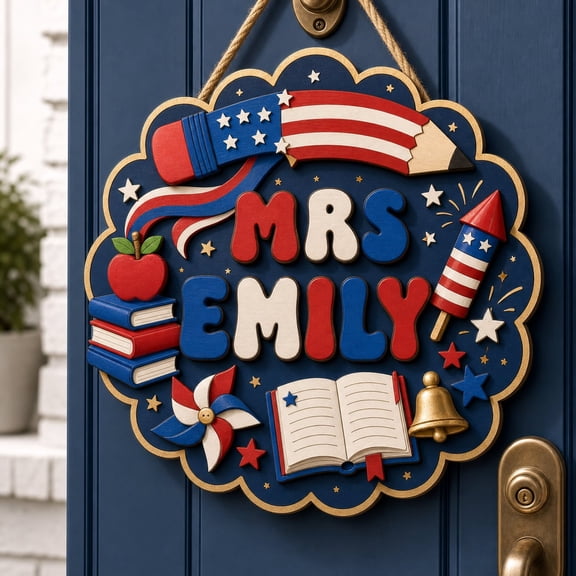 Personalized Patriotic Teacher Door Sign | 2-Layer Wooden Classroom Decor