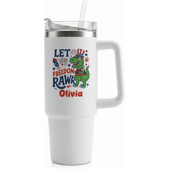 Personalized Patriotic Tumbler 30oz with Handle Custom Name Dinosaur Cup for USA 250 Years Celebration A Fun Red White Blue Insulated Mug for July 4th 2026