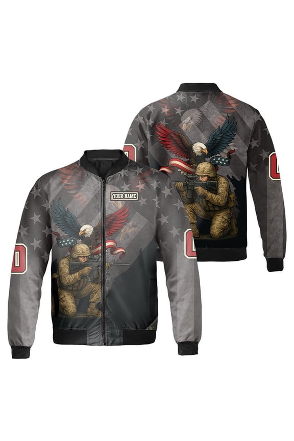Personalized Patriotic US Veteran Bomber Jacket – Soldier and Bald Eagle Design, USA Flag Graphic Outerwear