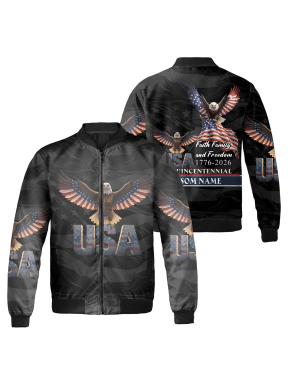 Personalized Patriotic USA Eagle Jacket, Custom 250th Anniversary 1776–2026 Semiquincentennial Bomber or Baseball Jacket, American Pride Independence Day Gift Outerwear