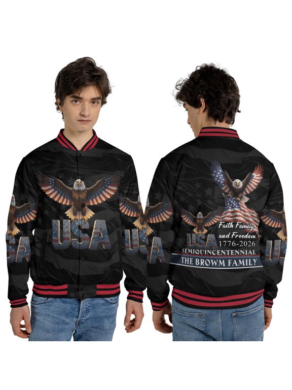 Personalized Patriotic USA Eagle Jacket, Custom 250th Anniversary 1776–2026 Semiquincentennial Bomber or Baseball Jacket, American Pride Independence Day Gift Outerwear