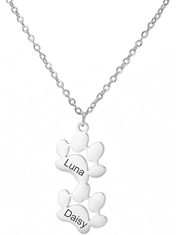 Personalized Paw Necklace Engraved Pet Memorial Jewelry Gift for Dog Cat Lovers Hypoallergenic Animal Charm Necklace Custom Name Christmas Birthday Sympathy Gift for Women