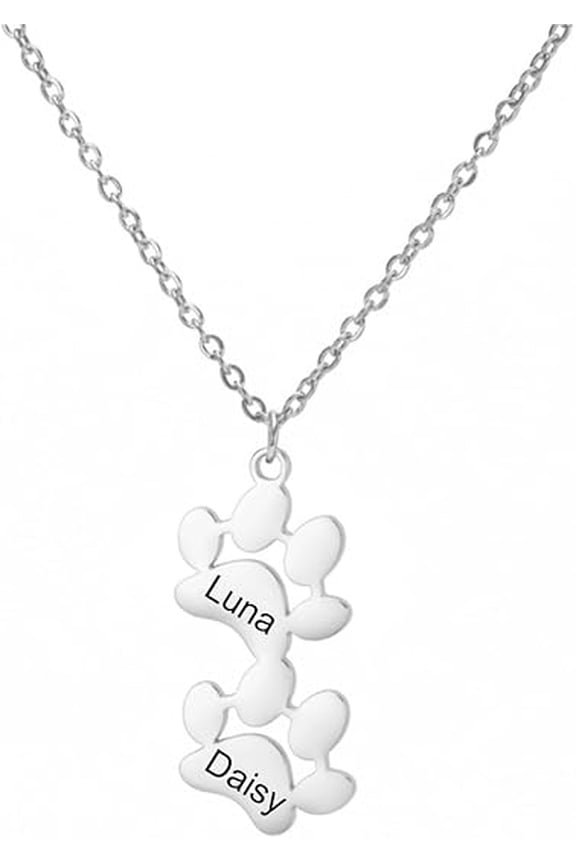 Personalized Paw Necklace Engraved Pet Memorial Jewelry Gift for Dog Cat Lovers Hypoallergenic Animal Charm Necklace Custom Name Christmas Birthday Sympathy Gift for Women