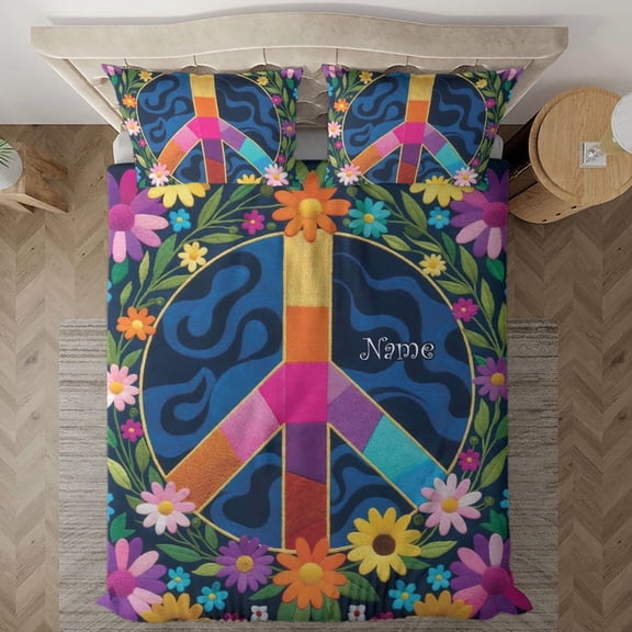 Personalized Peace Sign Bedding Set (68x88), hippie style bedding, boho peace bedding