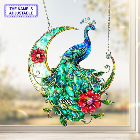 Personalized Peacock Crescent Moon Acrylic Suncatcher, Custom Name Faux Stained Glass Window Hanging Decor, Bird Lover Gift for Women