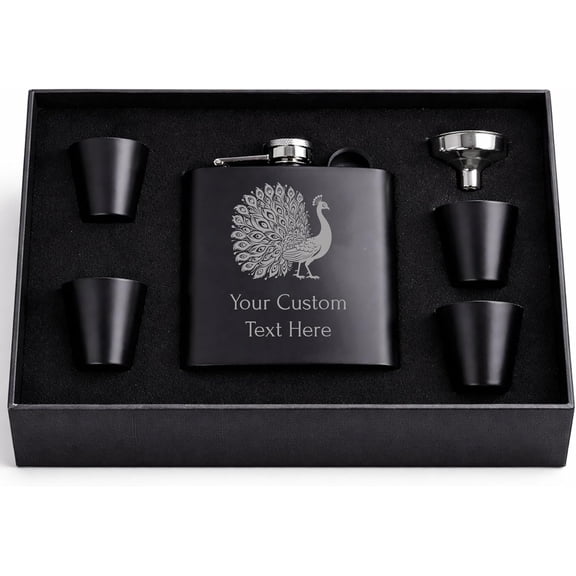 Personalized Peacock Laser Engraved Flask - 6-Ounce Stainless Steel Hip Drinking Matte Black Flask, Box, Shot Glasses, Funnel - Custom Name, Customized Text, Gift Laser Etched, Gift for Him, Her