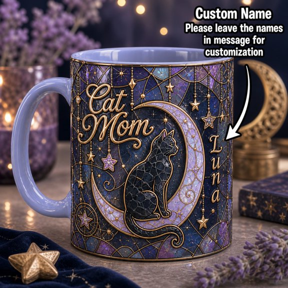 Personalized Pearlescent Mug, Cat Mom Celestial Stained Glass for Coffee and Tea, Custom Name Gift