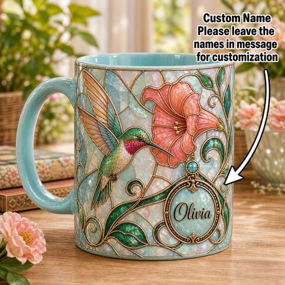 Personalized Pearlescent Mug Hummingbird Floral Custom Name for Coffee and Tea Bird Lovers