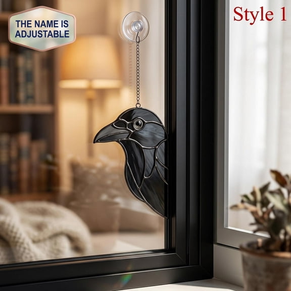 Personalized Peeking Crow Acrylic Suncatcher, Custom Name Faux Stained Glass Window Hanging Decor, Halloween Home Decor